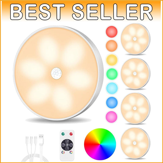 8 Color Changeable Wireless Motion Sensor Puck Lights - 5 Pack with USB Recharge