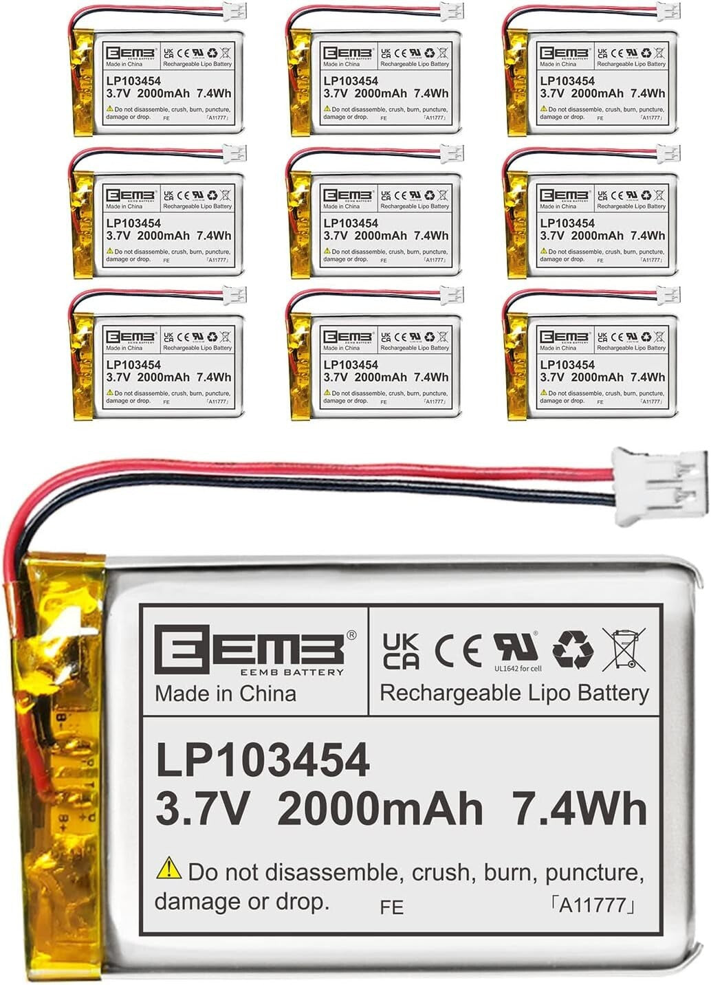 10-Pack 3.7V 2000mAh Lithium Polymer Battery with JST Connector - Reliable Power