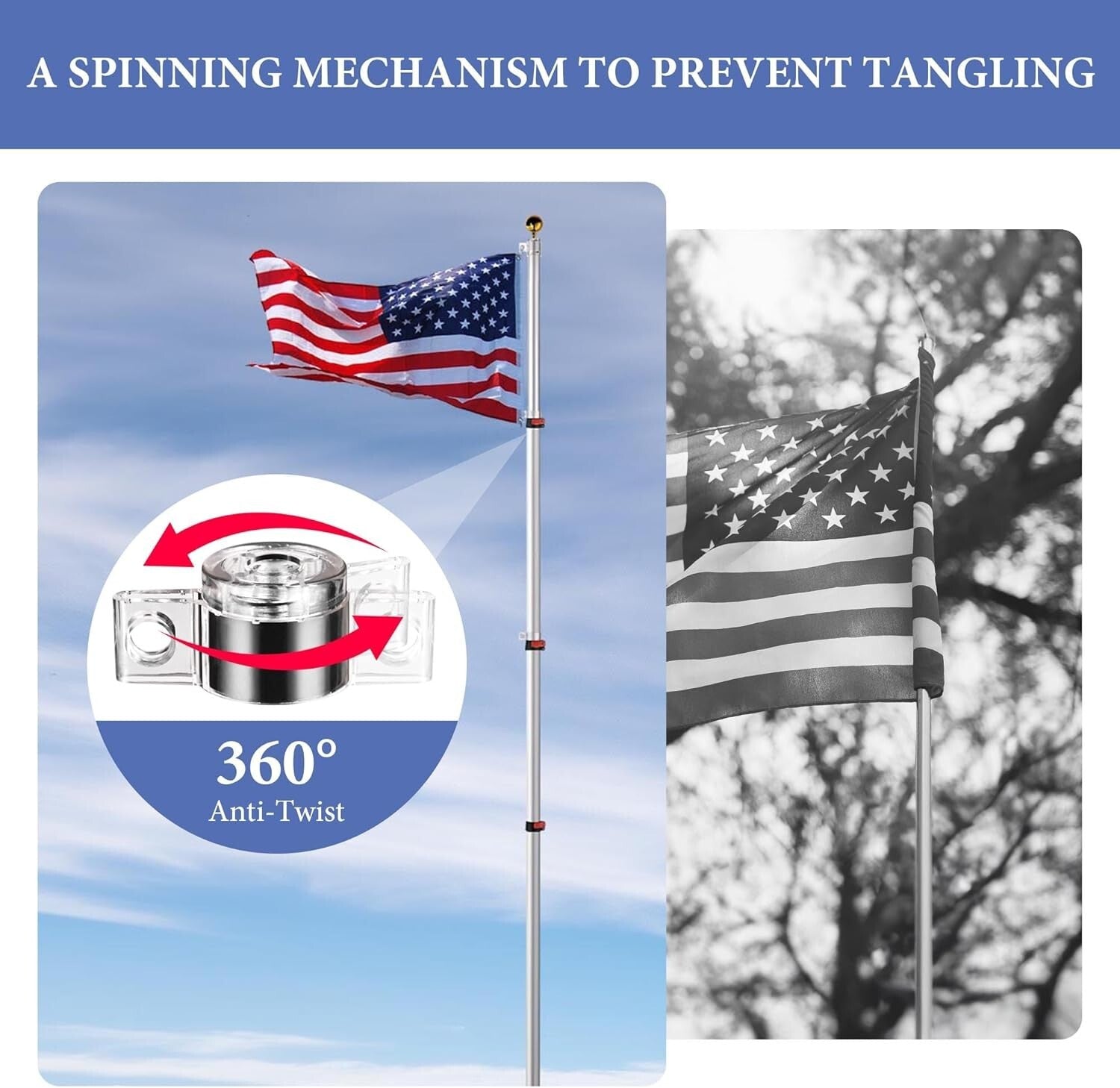 Aluminum 25ft Telescoping Flag Pole with 2 Flag Capacity & Golden Top Finial