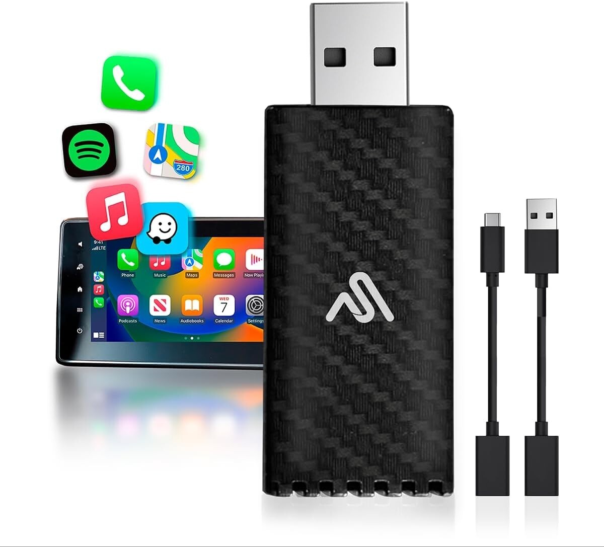 Fast Wireless CarPlay Dongle – Easy Bluetooth Setup with USB-A and USB-C Cables