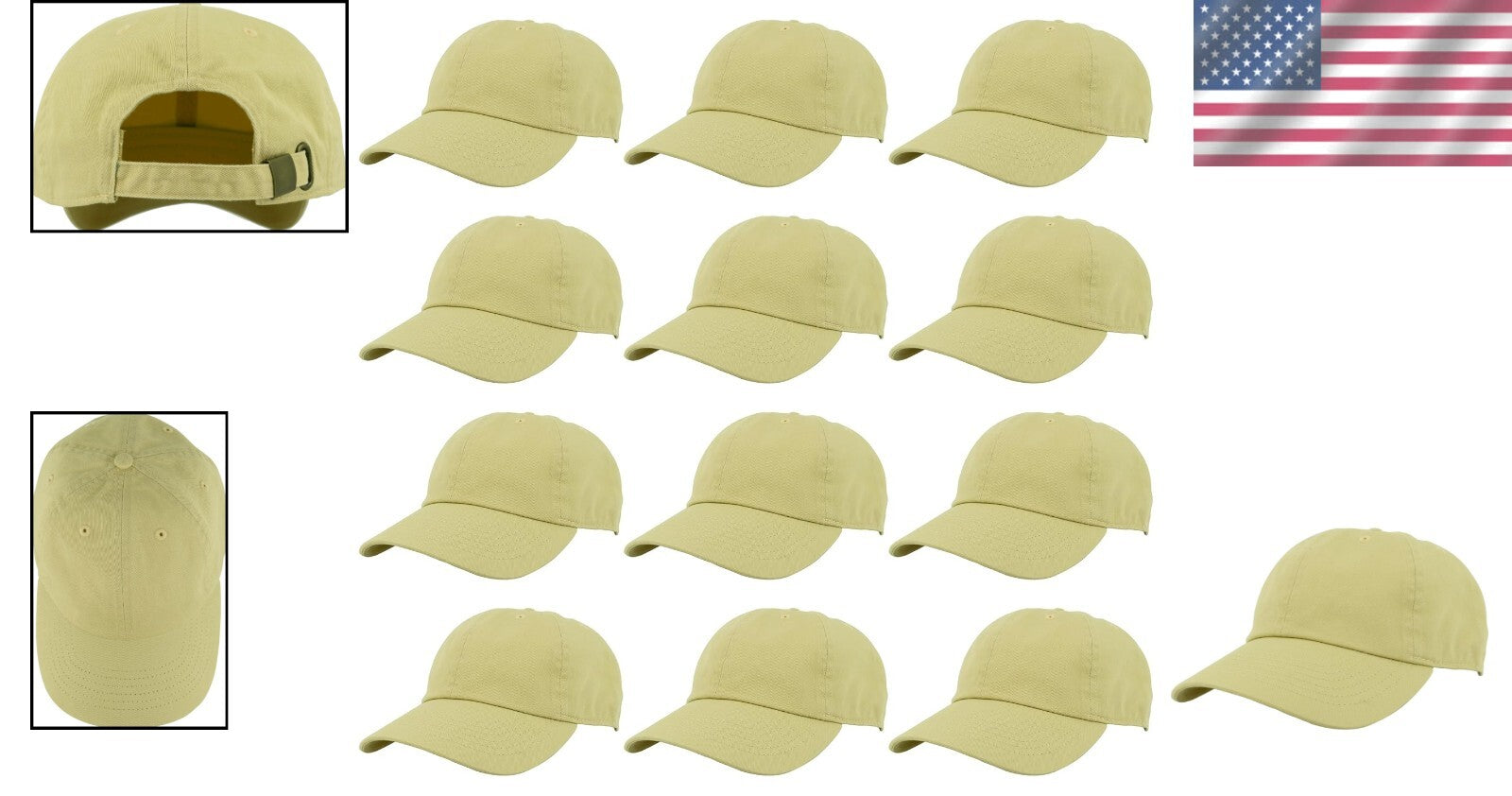 Wholesale Bulk of 12 Light Yellow 100% Cotton Adjustable Baseball Caps