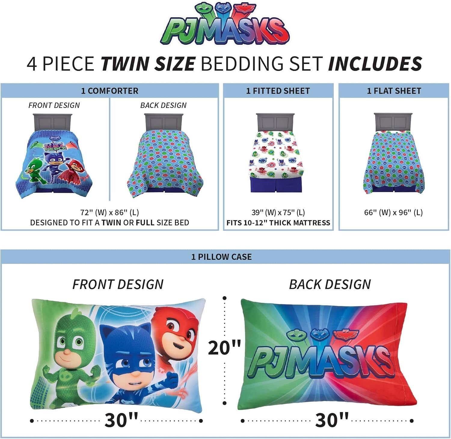 Twin Size PJ Masks Reversible Comforter and Sheet Set - 4 Piece Adventure Set