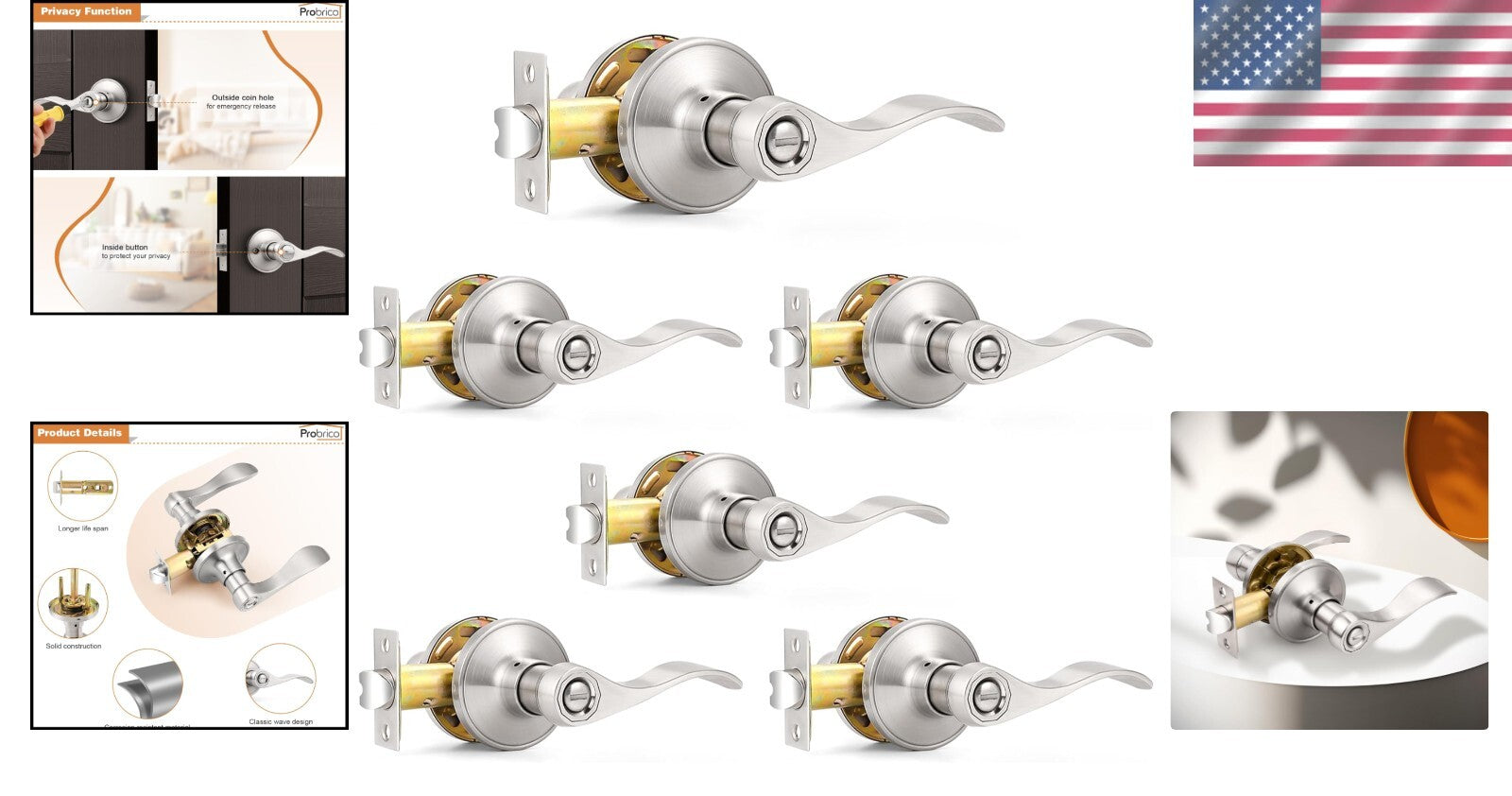 Durable Satin Nickel Wave Privacy Handle Set - 6 Keyless Levers for Easy Install