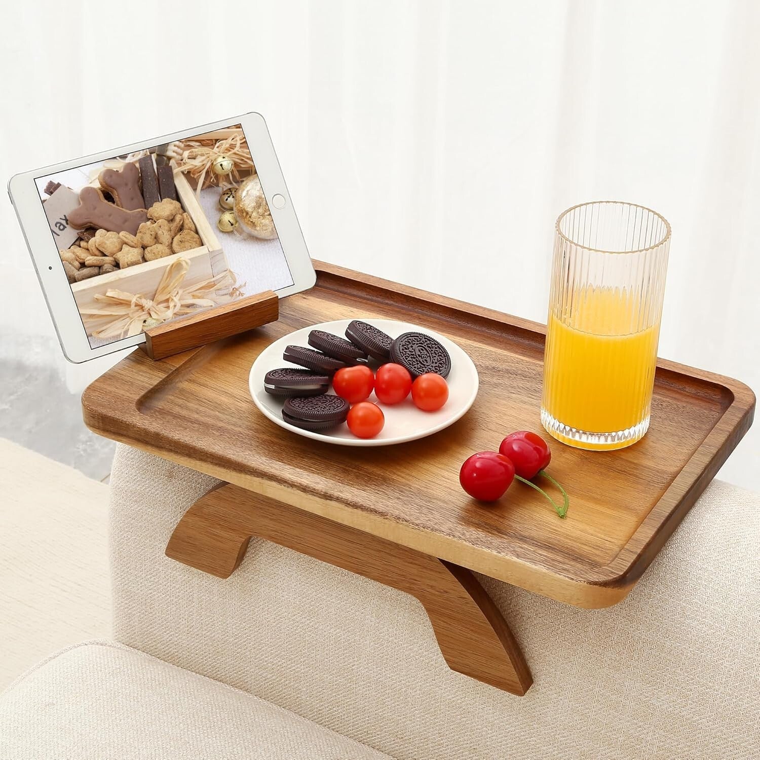 Adjustable Armrest Table with 360° Phone Holder - Modern Acacia Wood Design