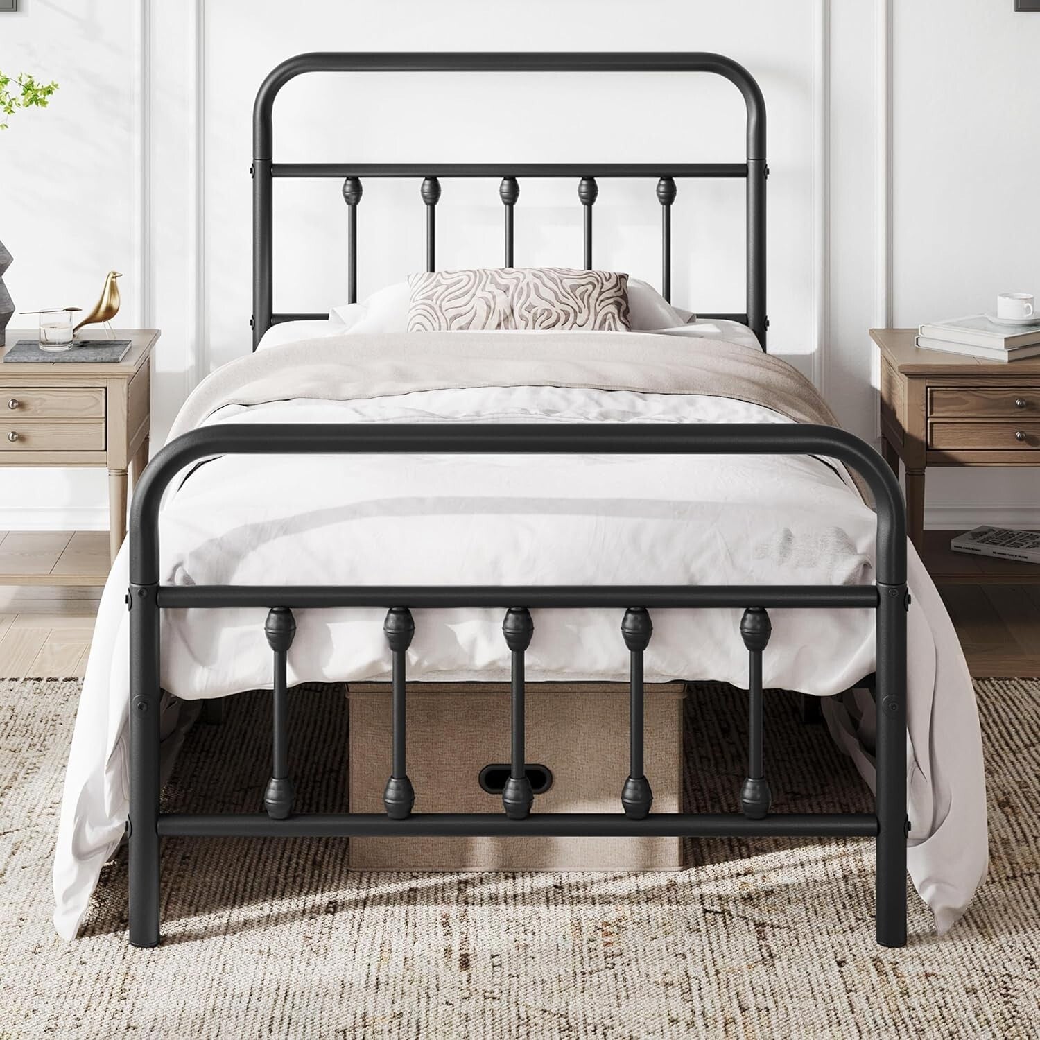 Twin Iron Metal Bed Frame with Victorian Style and Under-Bed Storage - Black