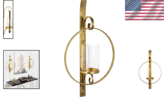 Elegant Round Gold Wall Sconce with Glass Pillar Holder - 21.75" Height