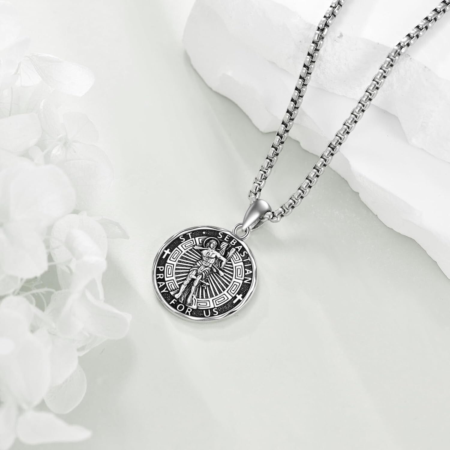 Sterling Silver Saint Sebastian Necklace - Religious Amulet for Both Men & Women