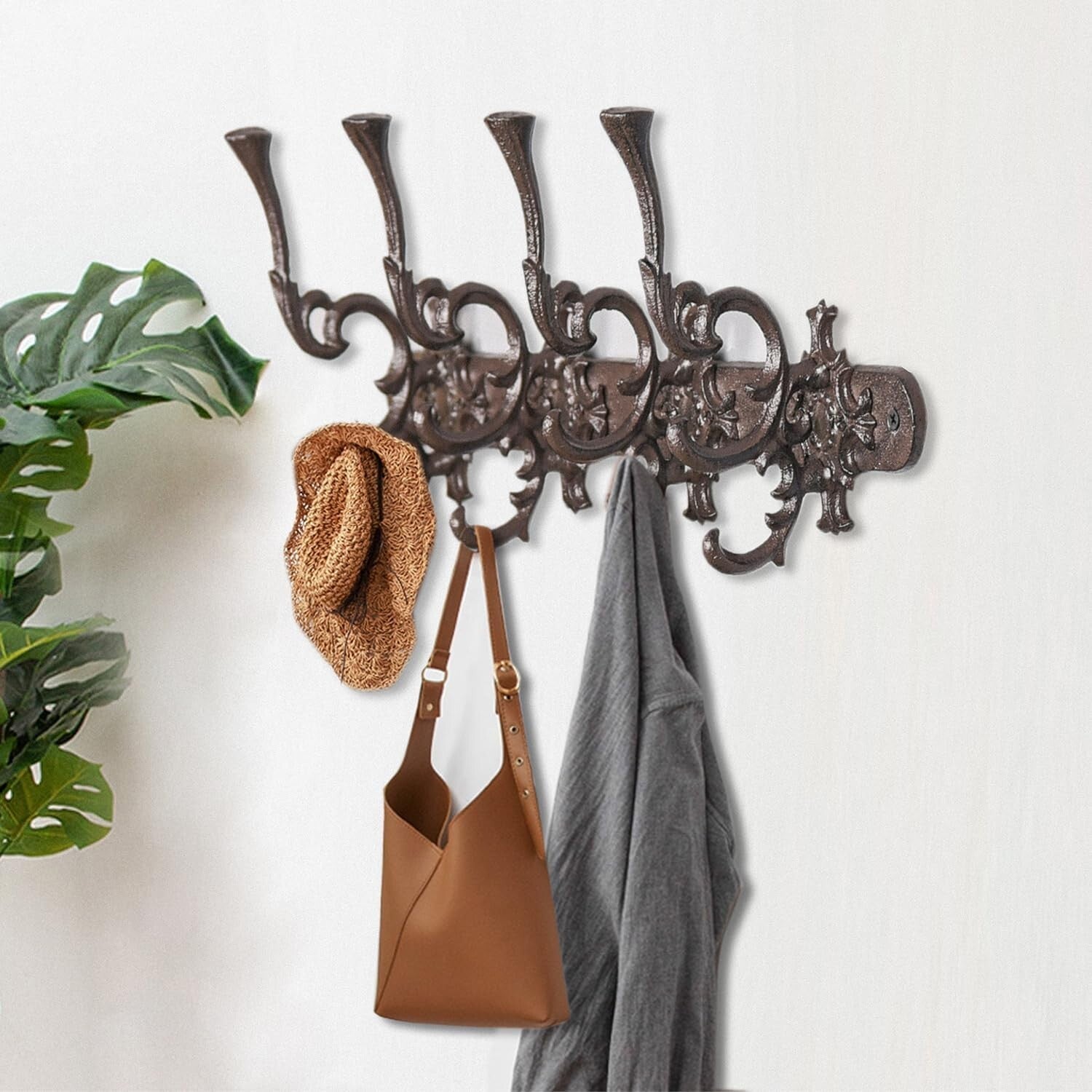 Antique Finish Cast Iron Wall Rack with 12 Hooks - Perfect for Home Organization