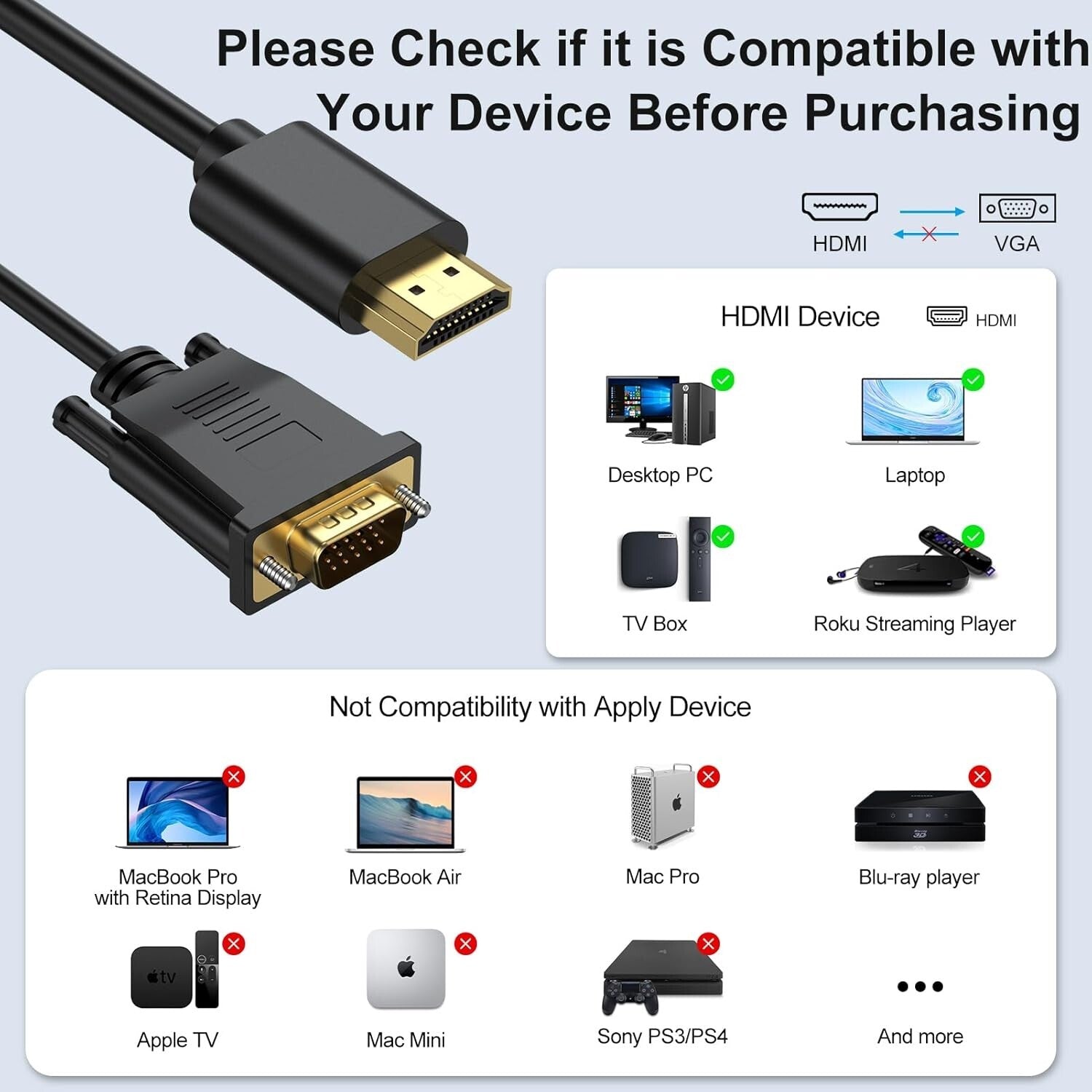 1080P HDMI to VGA Cable Set - 10-Pack 3FT Male to Male for Multiple Devices