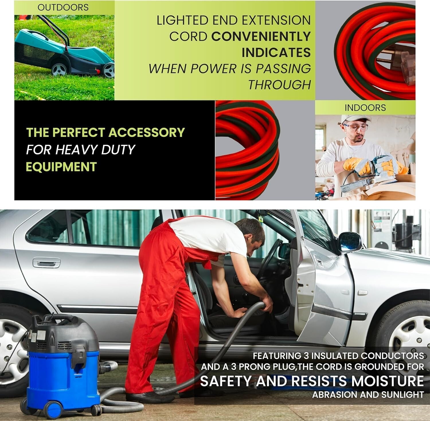 Moisture Resistant 100ft Extension Cord with Lighted End – Perfect for Outdoors