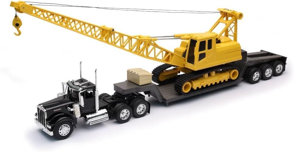 Authentic Kenworth W900 Diecast Truck: Lowboy Trailer & Yellow Crane Included