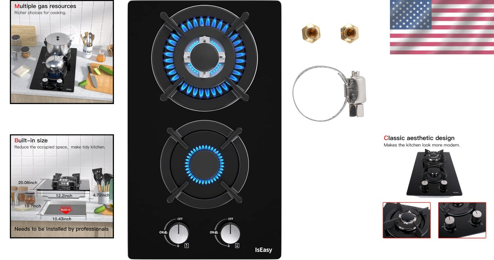 Compact 120V Built-in Gas Hob with Dual Fuel Compatibility and Safety Features