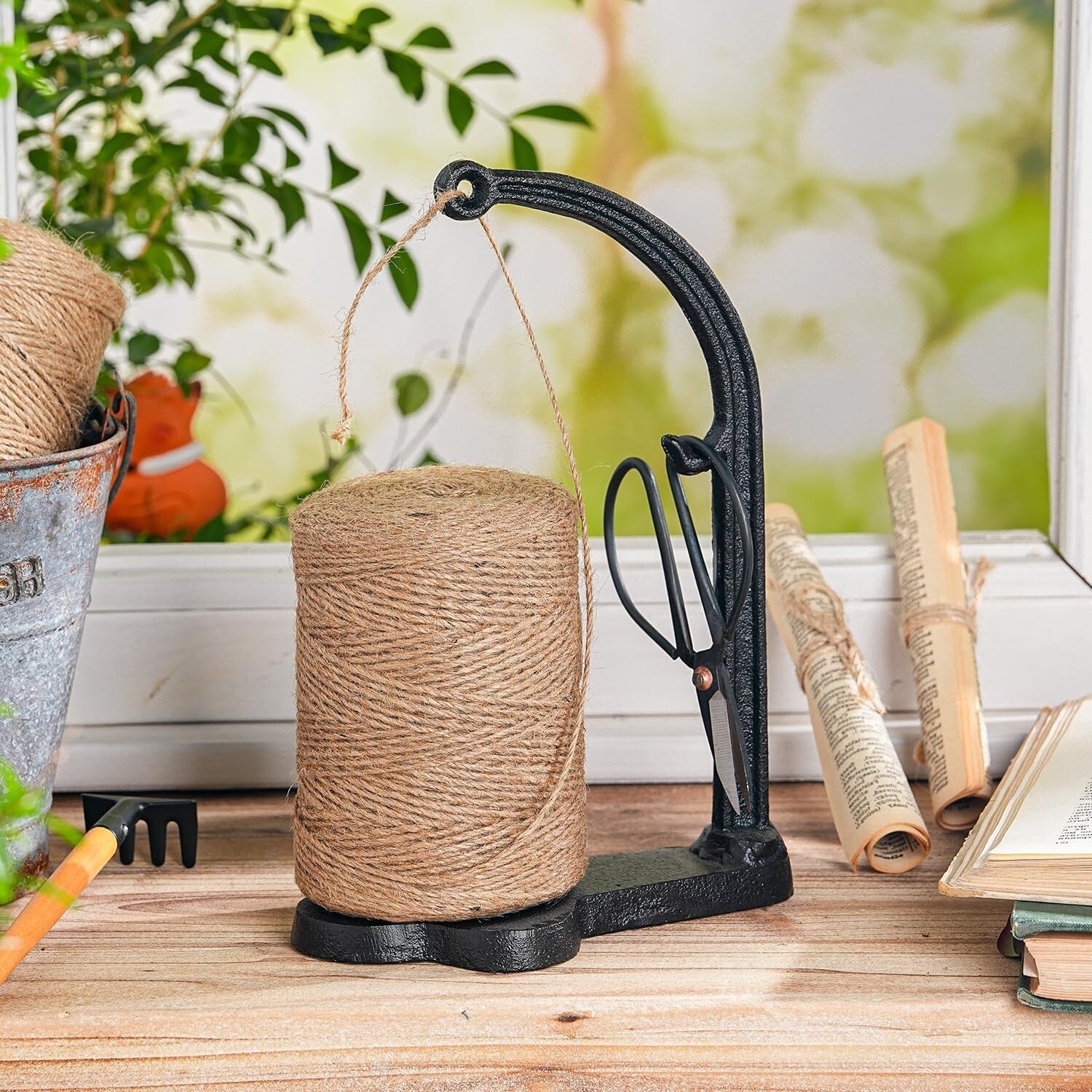 Elegant Cast Iron Twine Holder Set with 1300ft Natural Jute Twine & Scissors