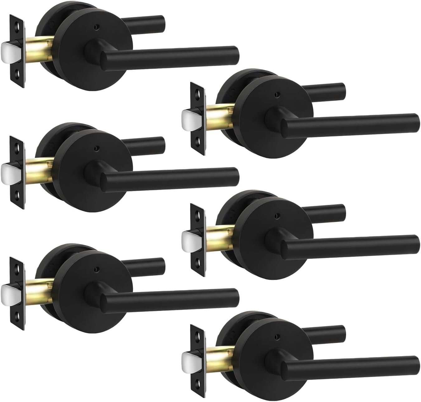 Zinc Alloy Matte Black Privacy Lever Door Handle - 6 Pack with Installation Kit