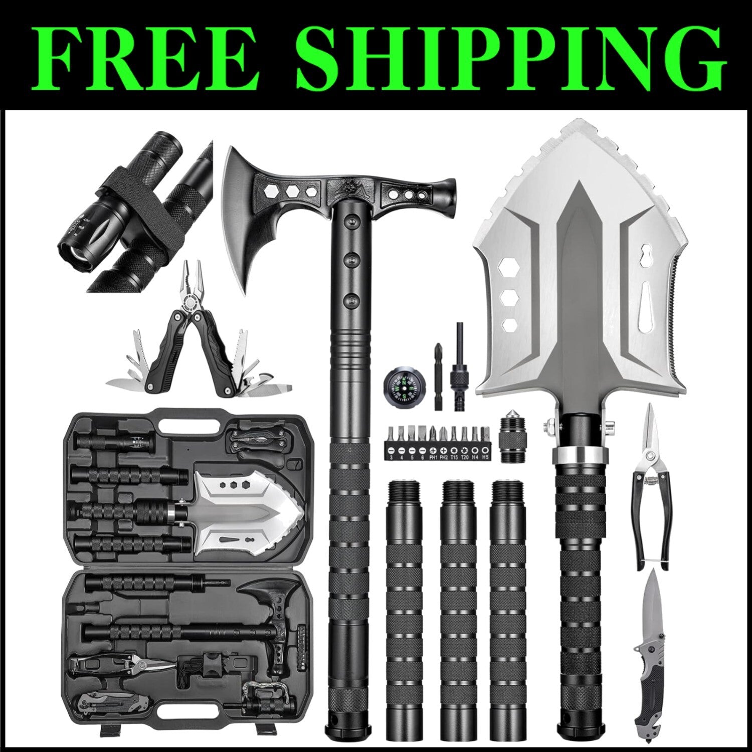 Durable High Carbon Steel Folding Survival Shovel & Axe Combo - Lightweight Gear