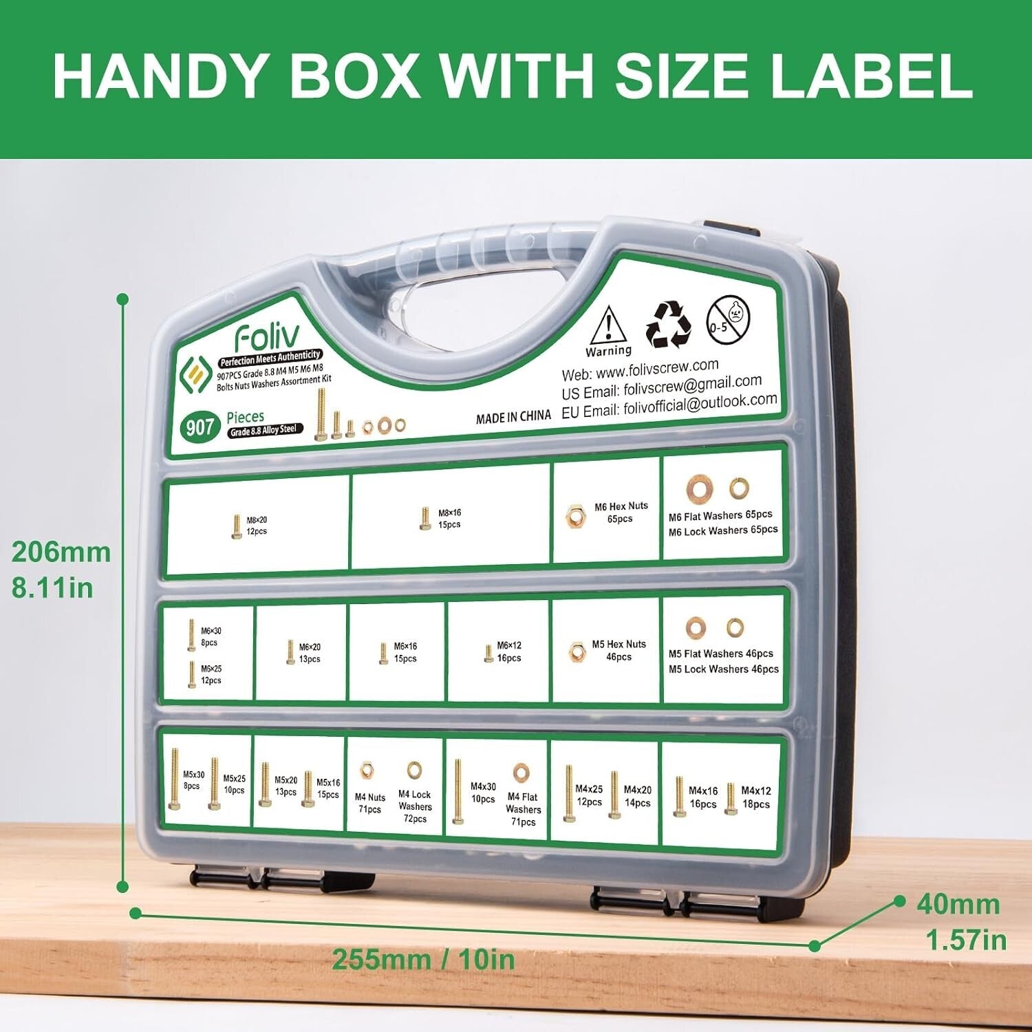 907-Piece Grade 8.8 Metric Bolt Assortment M4 M5 M6 M8 with Yellow Zinc Coating