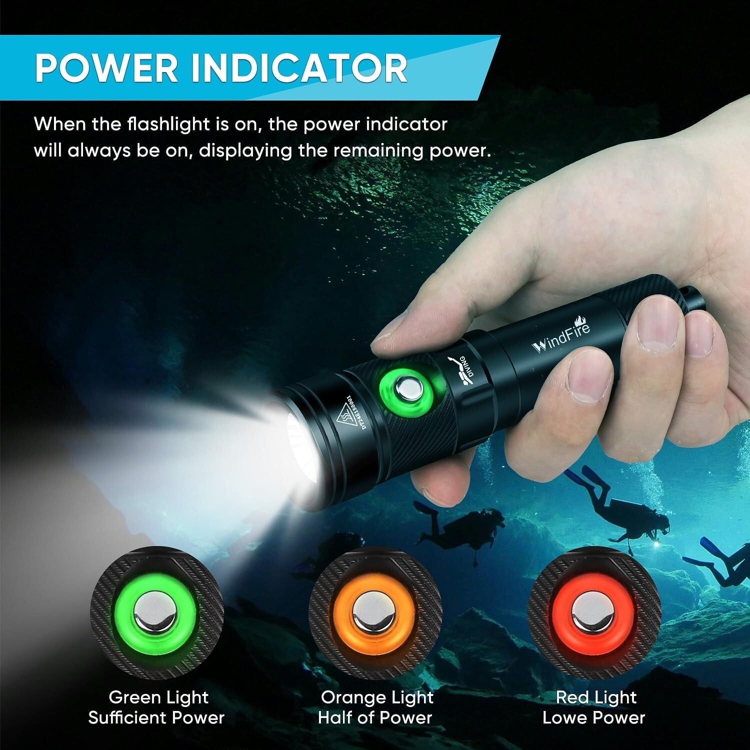 High-Power 4-Mode Waterproof Scuba Flashlight with Power Indicator for Divers