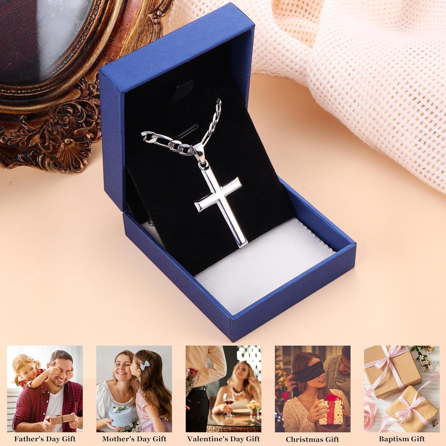 925 Sterling Silver Cross Necklace with Durable Figaro Chain - Gift Box Included