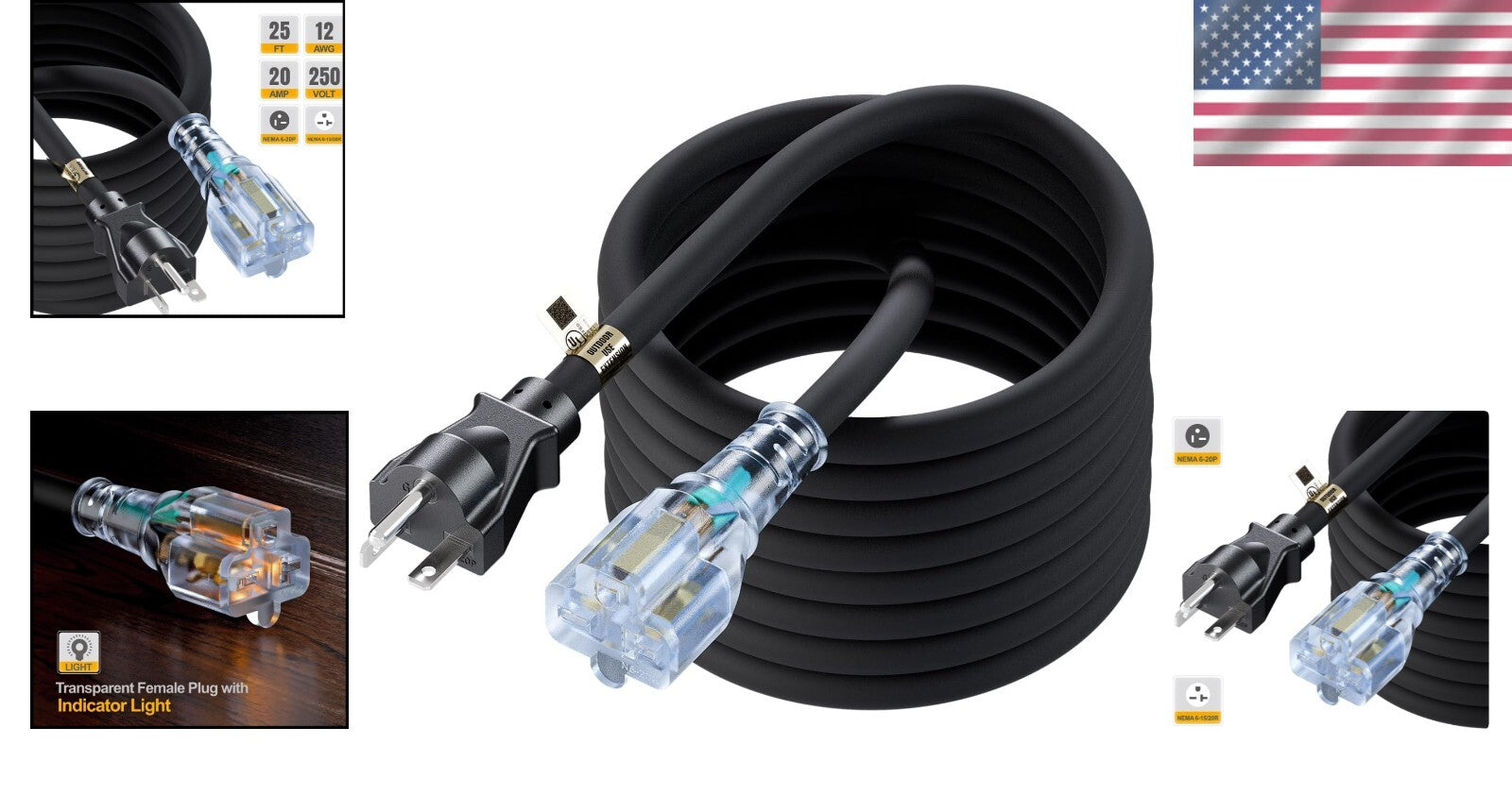 25-Feet / 7.65M Heavy Duty 20 Amp Nema 6-20P Extension Cord with Indicator Light