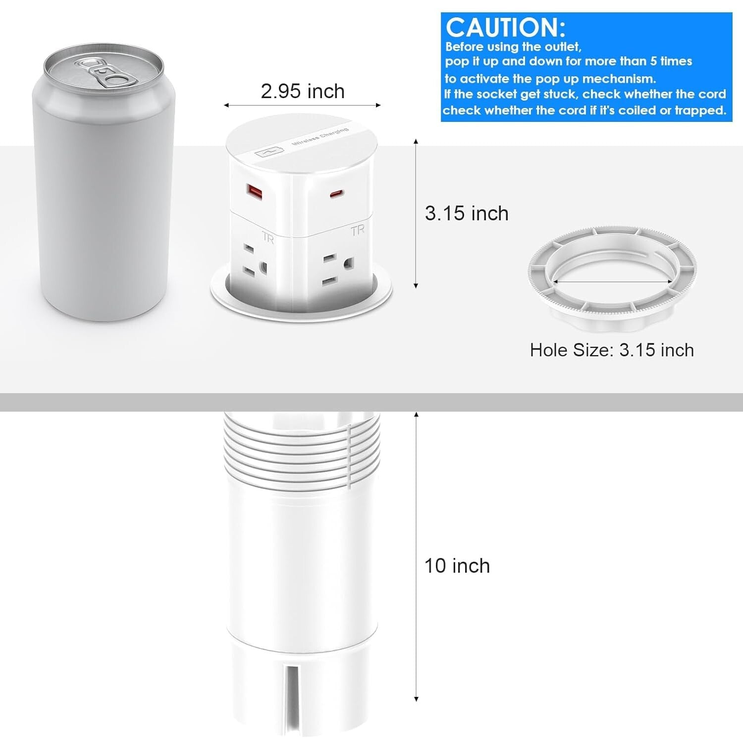 3.15" Pop-Up Countertop Outlet with 15W Wireless Charger & 800J Surge Protection