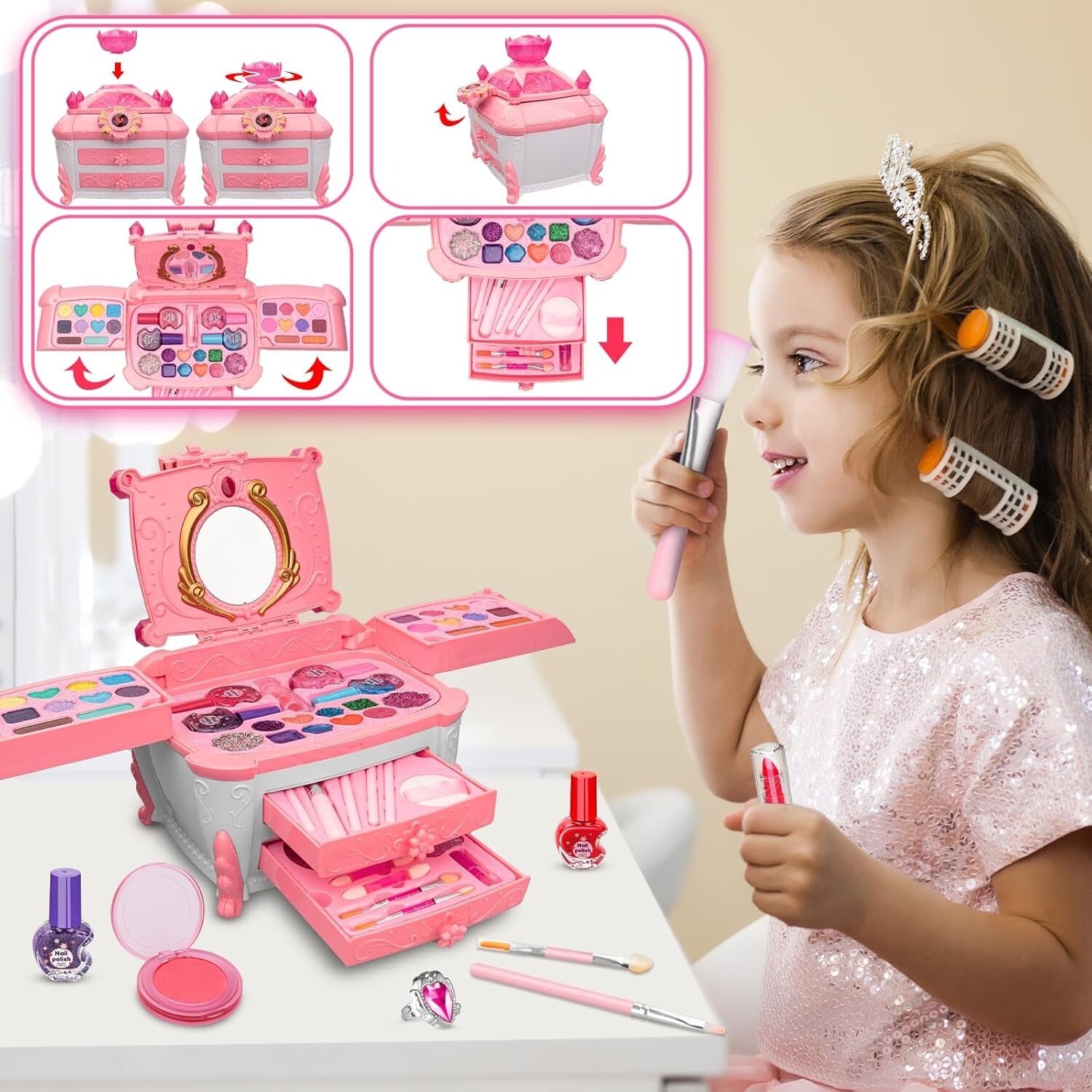 Delightful Kids Makeup Kit with Real Cosmetic Case - Washable Fun for Ages 3-12