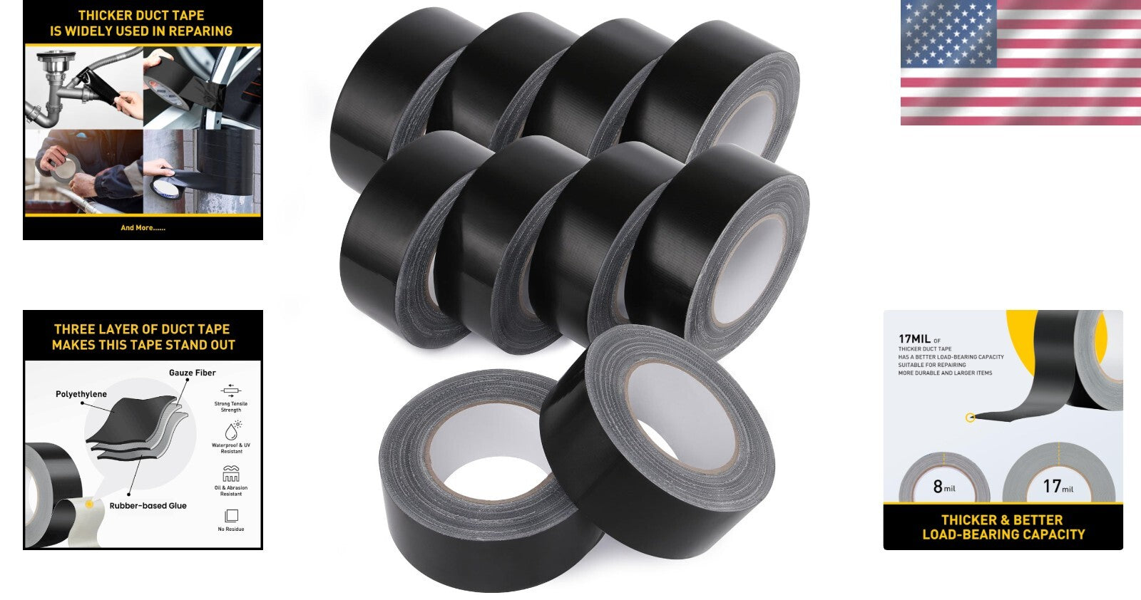 10 Rolls Heavy Duty Duct Tape | 17 Mil No Residue - Perfect for All Weather Use