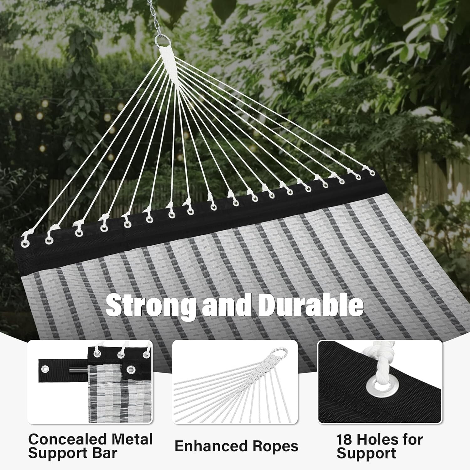 Luxurious Grey Plaid 13 FT Double Hammock - Quick Dry & Heavy Duty Support