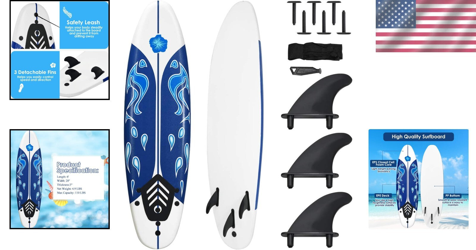6 Ft Lightweight Surfboard with 3 Detachable Fins for Safe Water Adventures