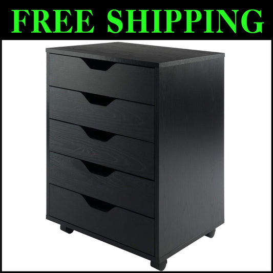 Versatile 5-Drawer Black Storage Cabinet with Locking Casters for Easy Mobility