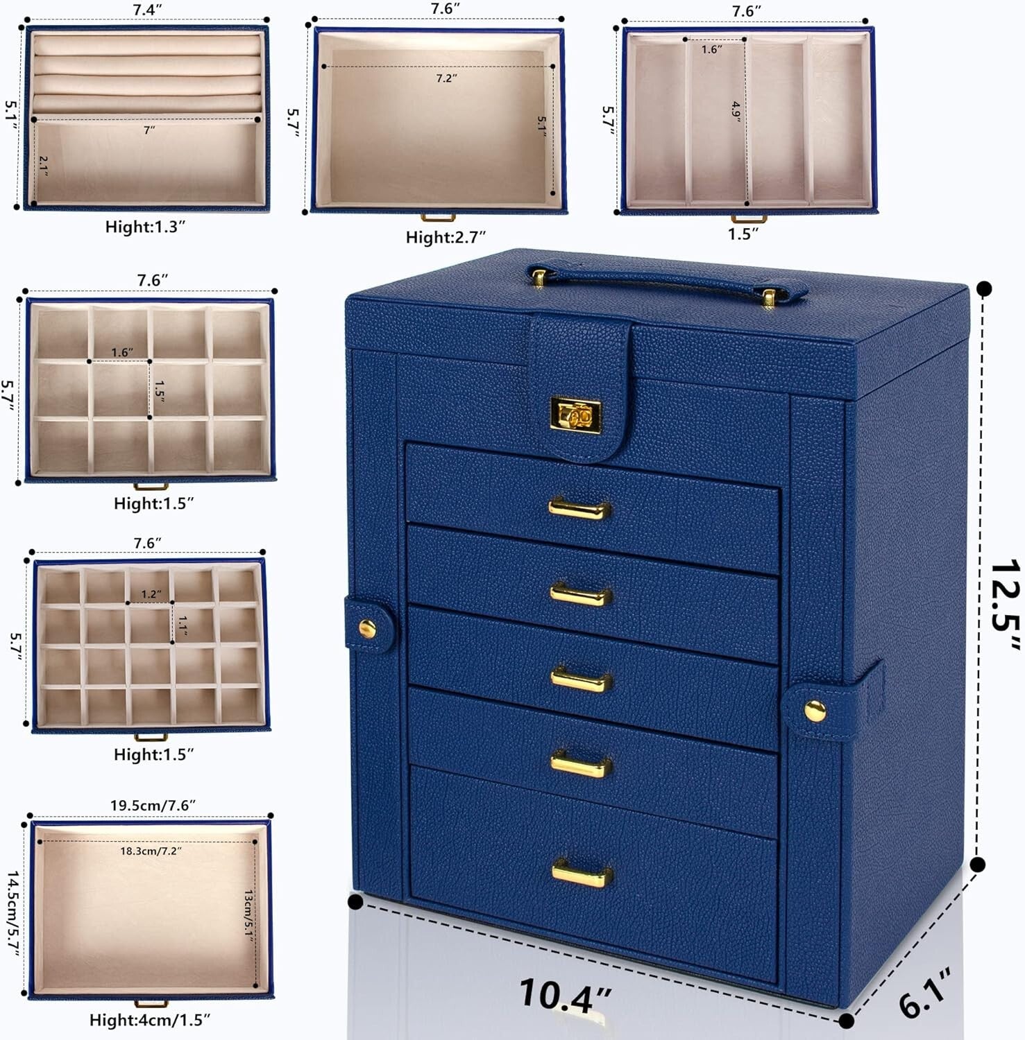 Elegant Lockable Jewelry Organizer with Large Mirror & 6 Drawer Storage - Blue