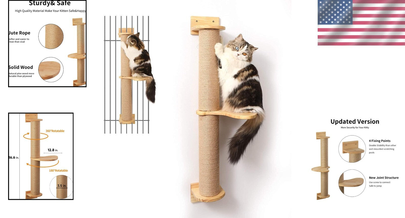 Stylish 36.6 Inch Cat Furniture: Wall-Mounted Tree with Scratchers & Hammock