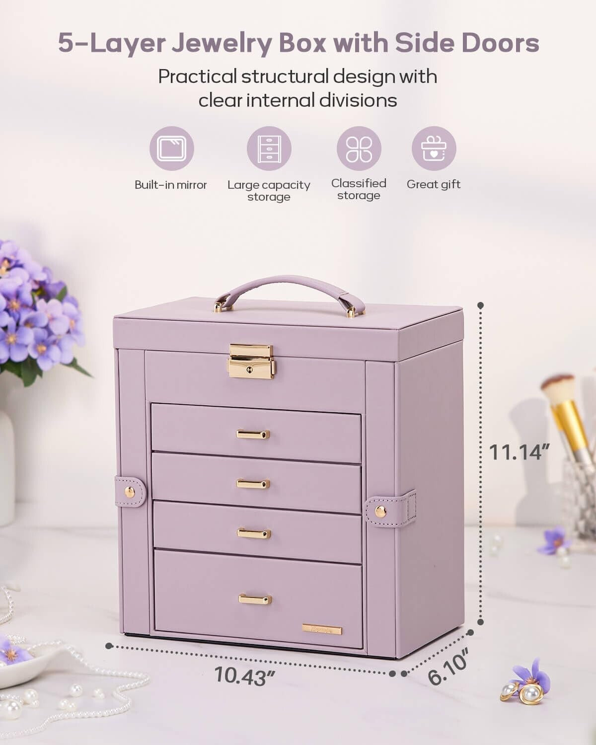 5-Layer Mirrored Jewelry Case with Lock - Luxe Storage for Accessories