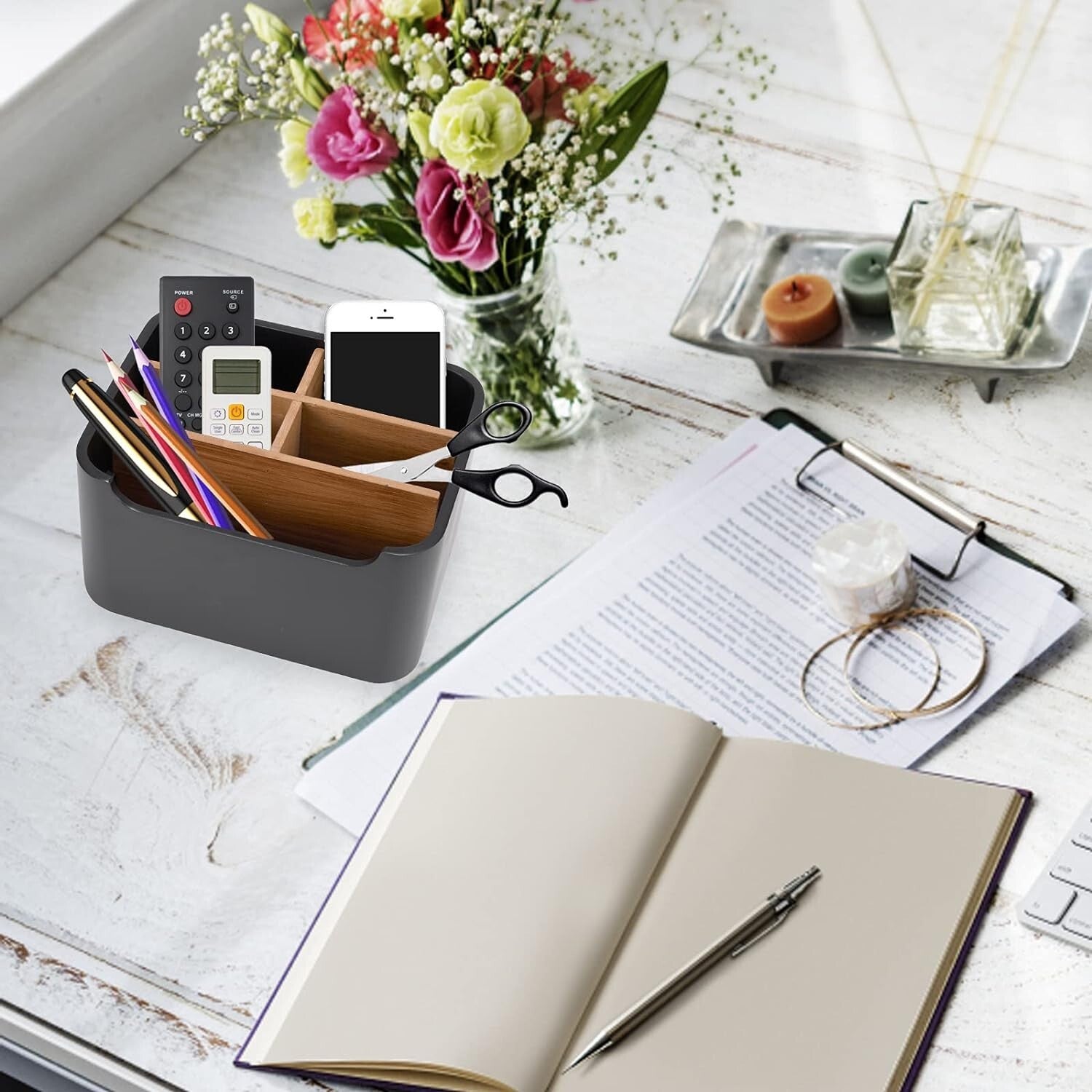 Versatile Polished Black Desk Organizer Set with 5 Compartments - Durable & Chic