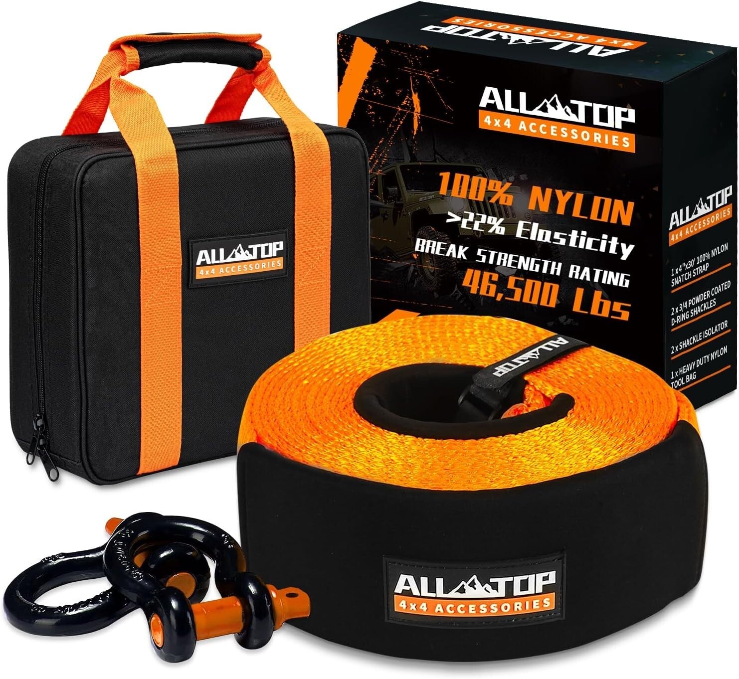 Weather-Resistant 4" x 30' Tow Strap Kit with 22% Elongation for Safe Recovery