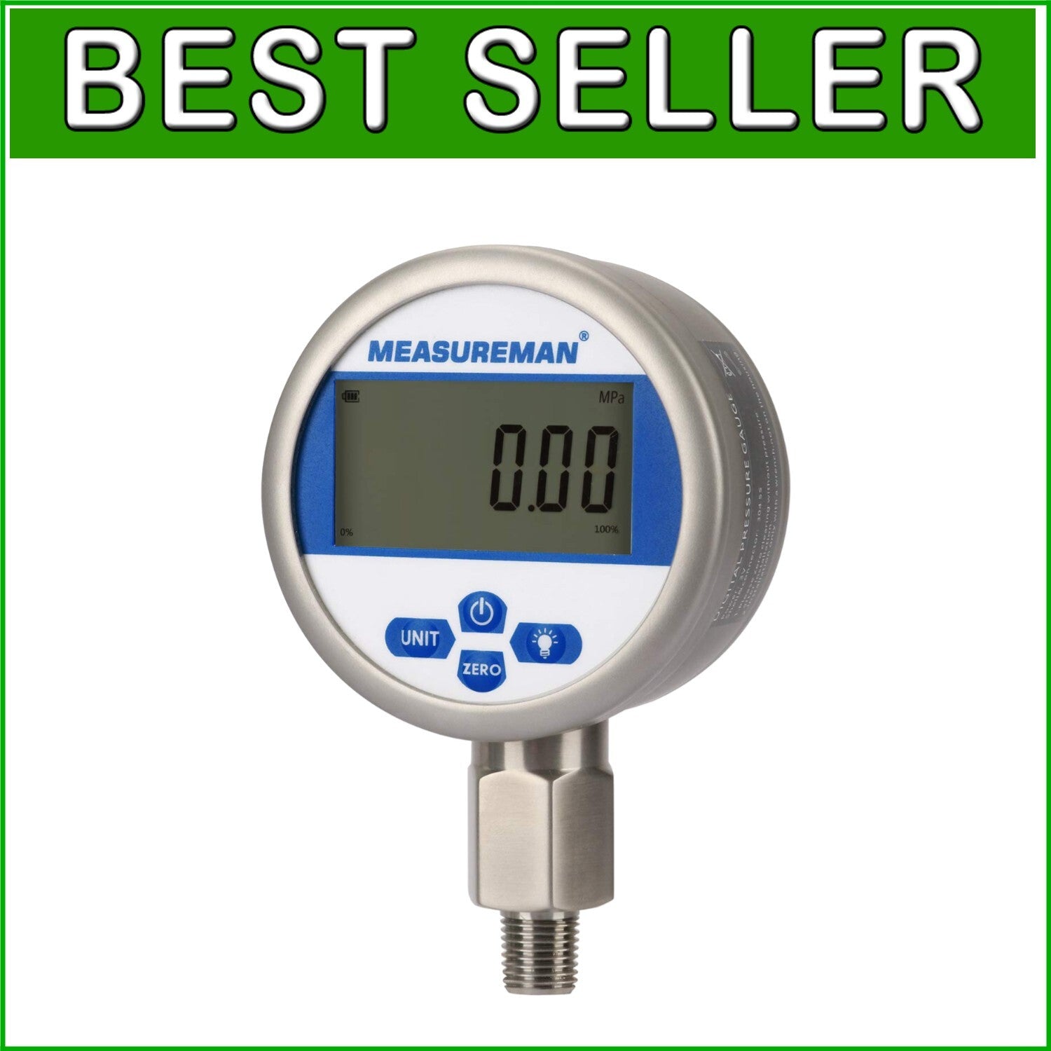 Battery-Powered 3-1/8" Digital Pressure Gauge: 0-5000 psi with LED Backlight
