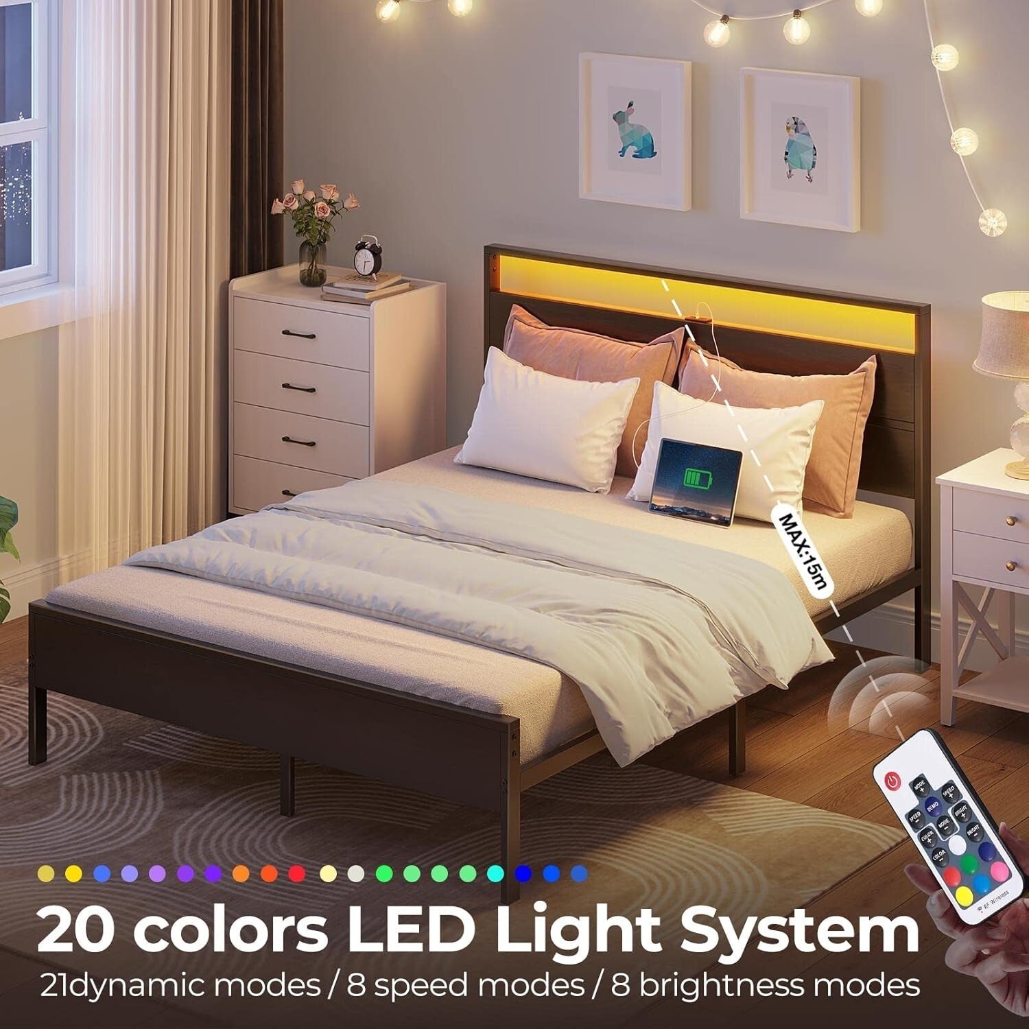 Easy Assembly King Bed Frame with LED Lighting & Powerful Support Up to 700lbs