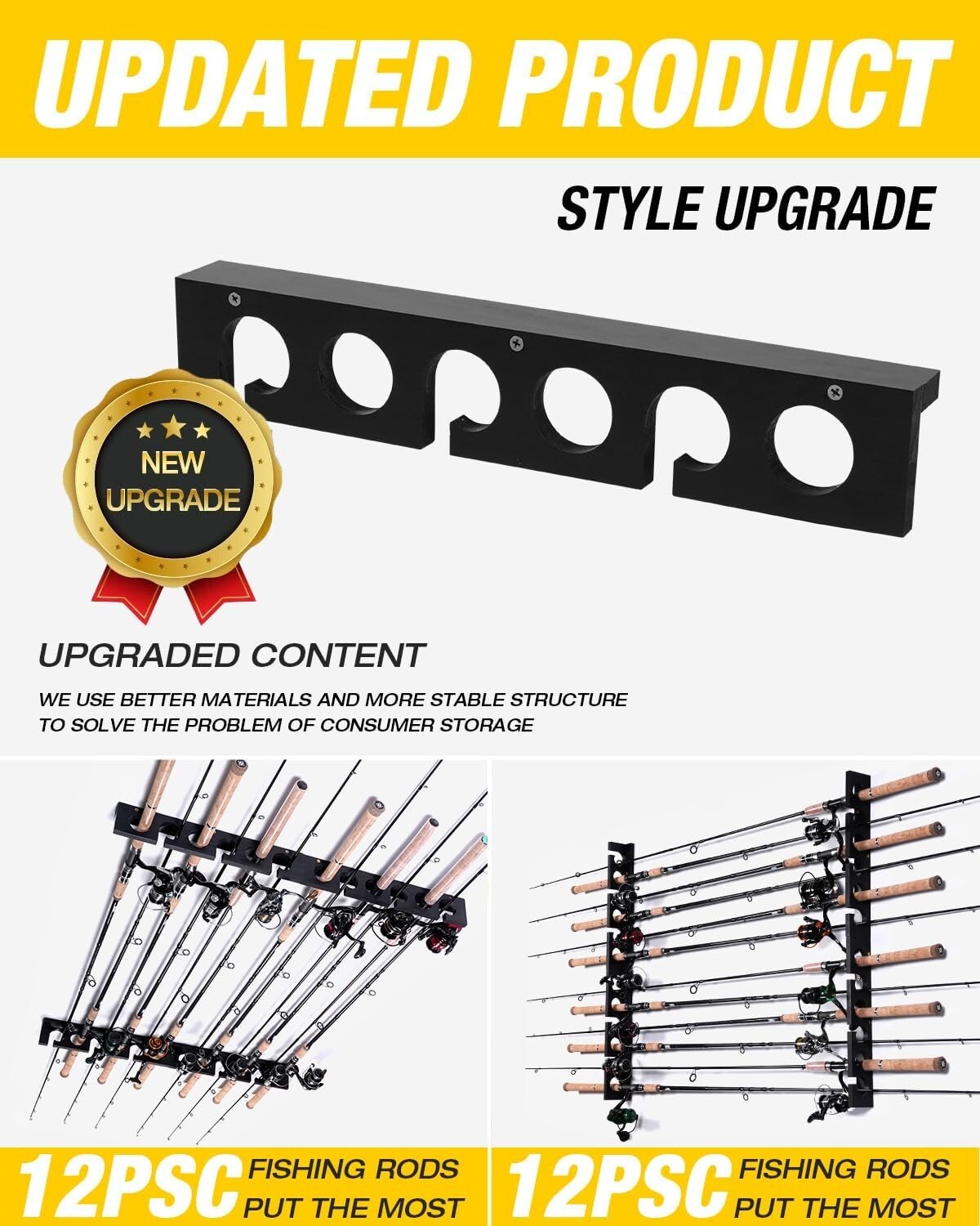 Durable Hardwood Fishing Rod Rack - Stores Up to 24 Poles, Wall/Ceiling Mounted