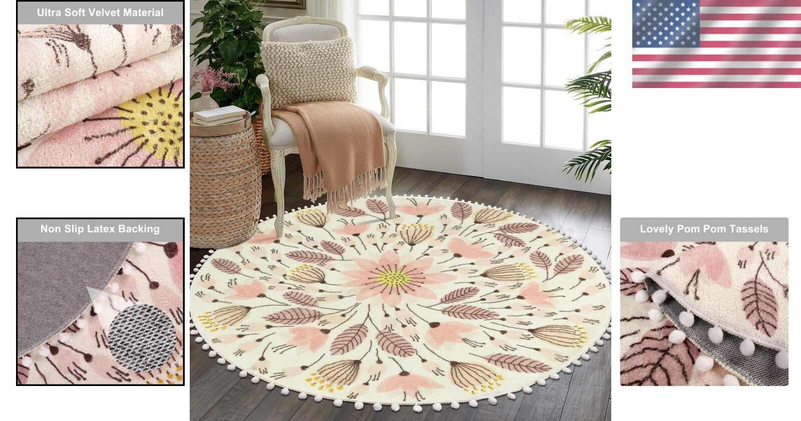 Charming 5.3' Circle Pom Pom Rug - Cozy Non-Slip Floor Mat for Nursery & More