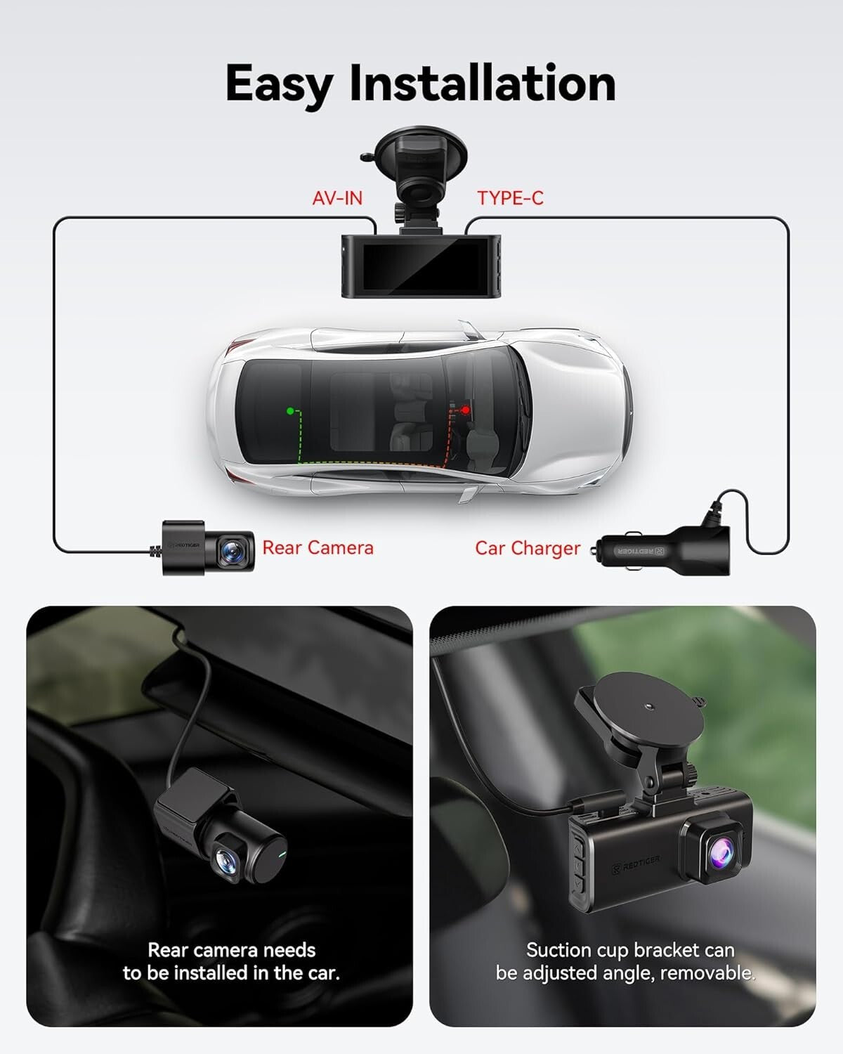 Advanced 4K Front & 1080P Rear Dash Cam with WiFi and Night Vision Features