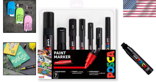 Full Black Pen Set of 7 with Contoured Grip & Chisel Tip for Smooth Writing