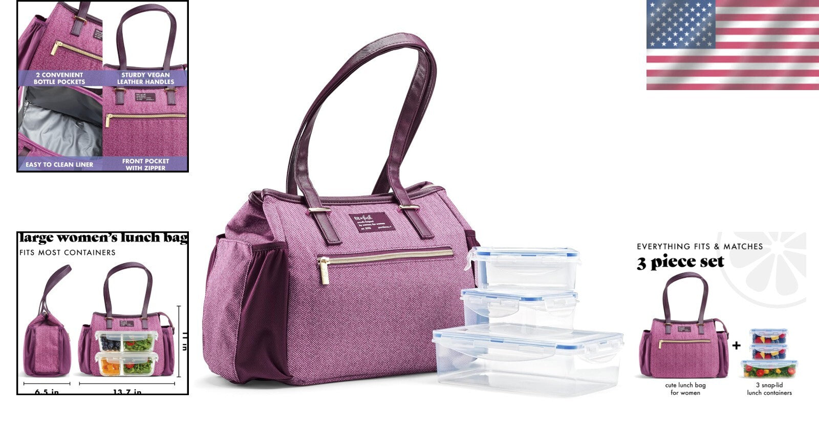 Chic Insulated Women's Lunch Tote - Includes 3 Containers & Zipper Closure