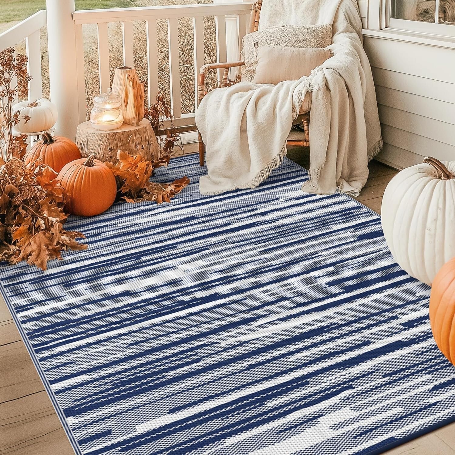Eco-Friendly 8'x10' Waterproof Outdoor Rug – Reversible Blue & White Design