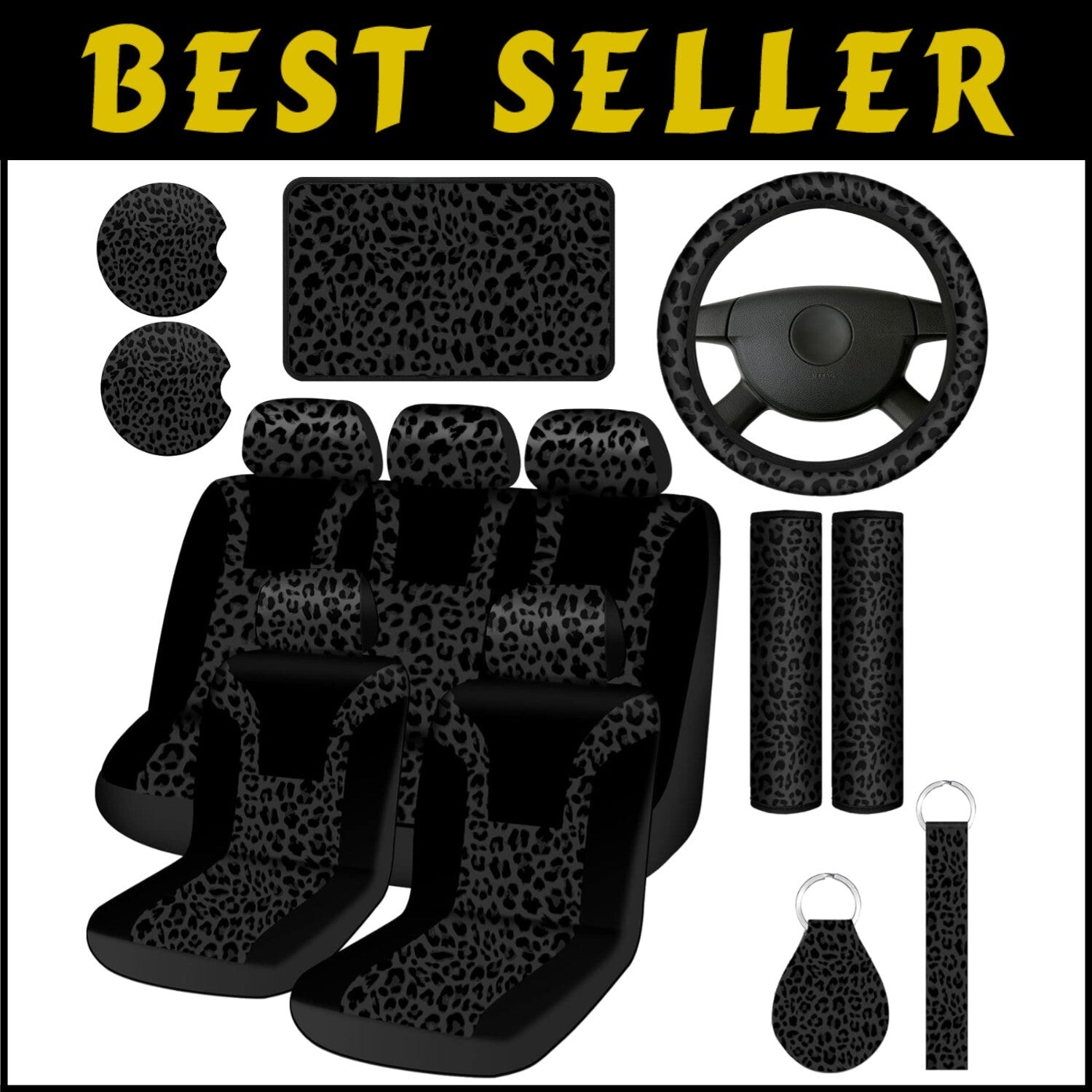 Complete Leopard Print Car Accessories Set - Seat Covers, Steering Wheel & More