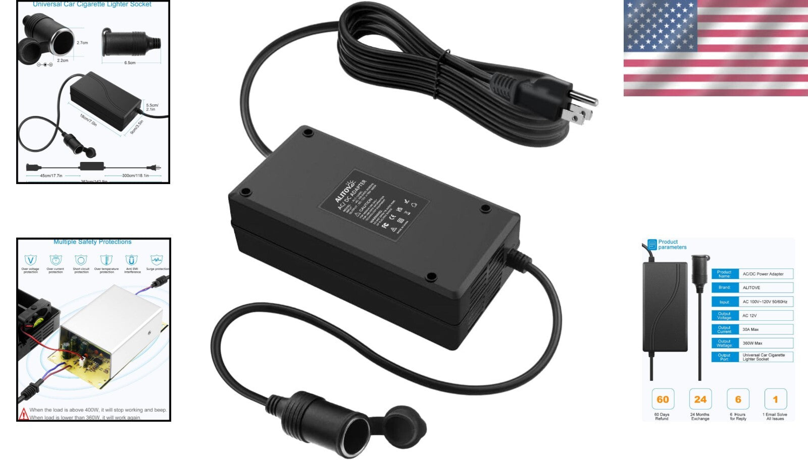 30A 12V Power Supply Adapter with Cigarette Lighter Socket for Car Electronics