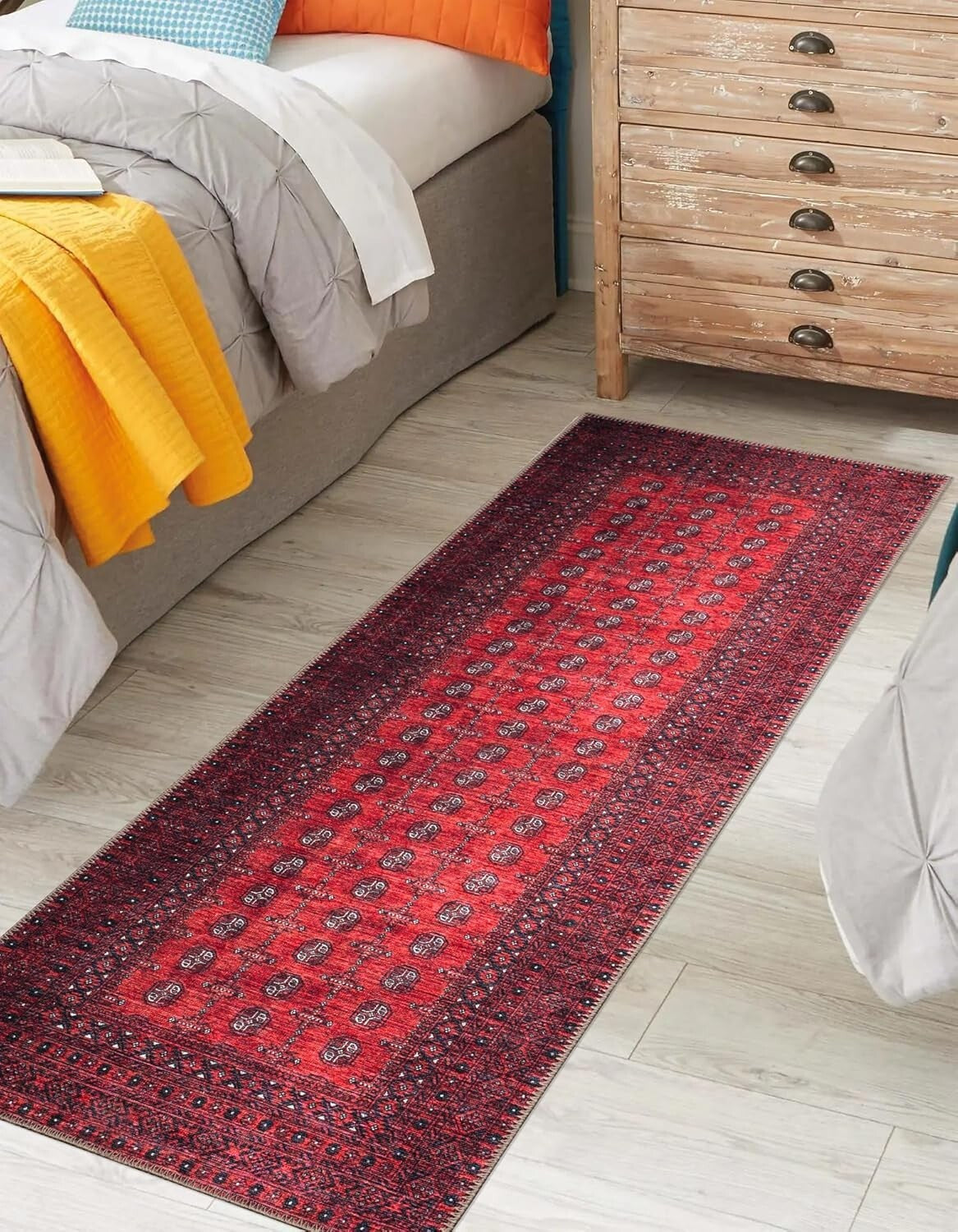 Durable Machine Washable Rug 2x10 - Red Geometric Pattern for High Traffic Areas