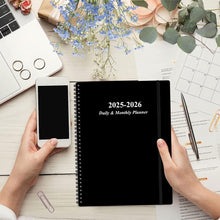 Load image into Gallery viewer, Stylish Black Planner 2025-2026 - Daily and Monthly with Comprehensive Layout