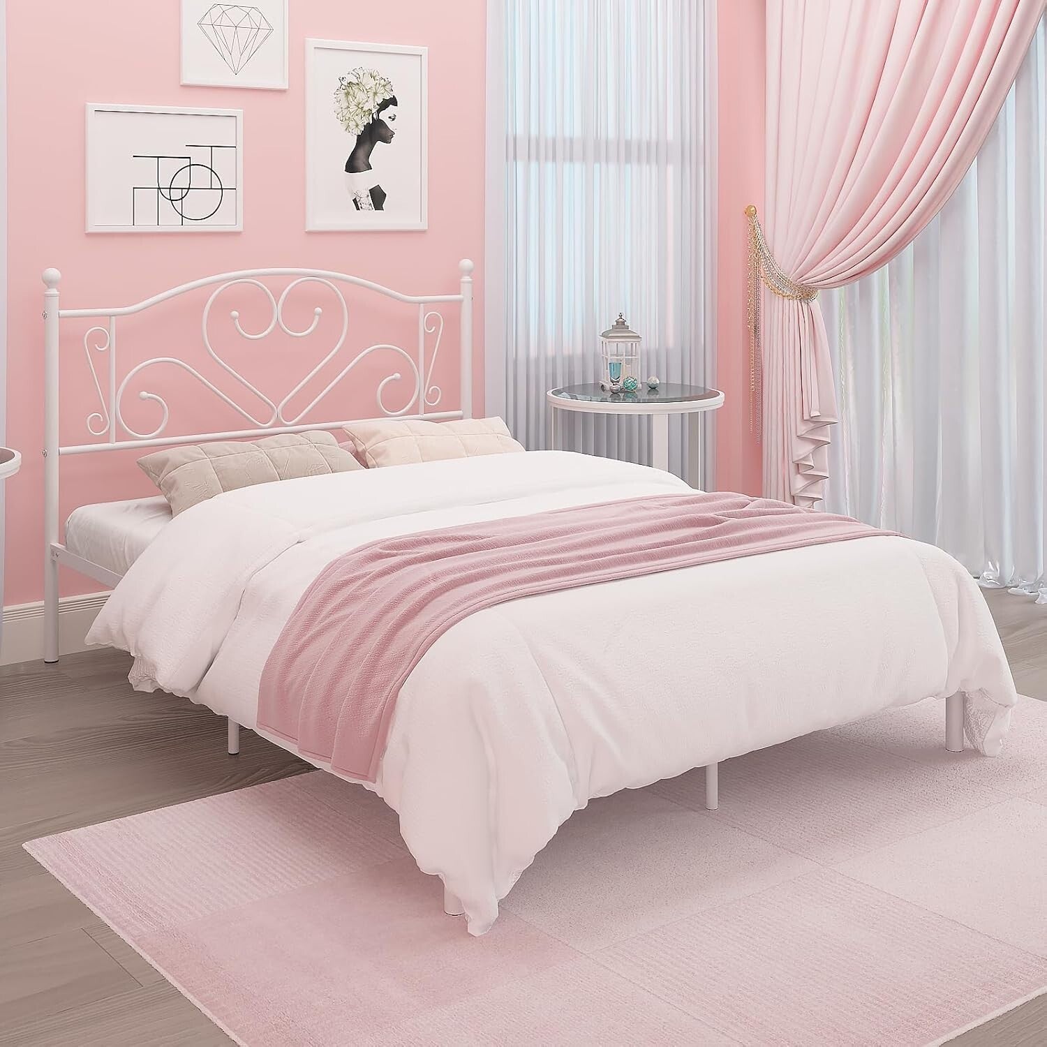 Full Size Bed Frame with Heart-Shaped Headboard & Under-Bed Storage - White