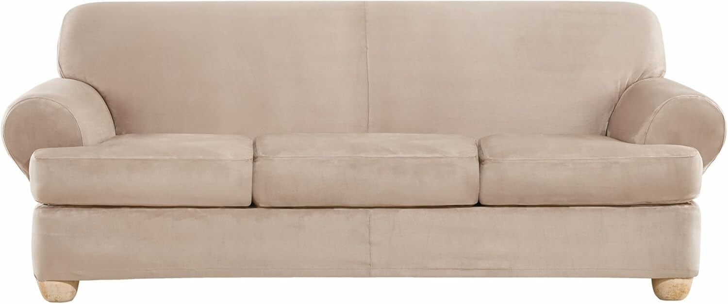 Adjustable Heavyweight Stretch Suede Slipcover in Cement - Cozy 3-Piece Set