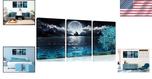 Elegant Teal Moon Wall Art Set - 3 Pieces Canvas for Living Room & Bedroom