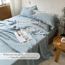 Load image into Gallery viewer, Luxurious 100% Pure Flax Linen Bed Sheet Set in Dusty Blue - Queen Size 4-Pcs